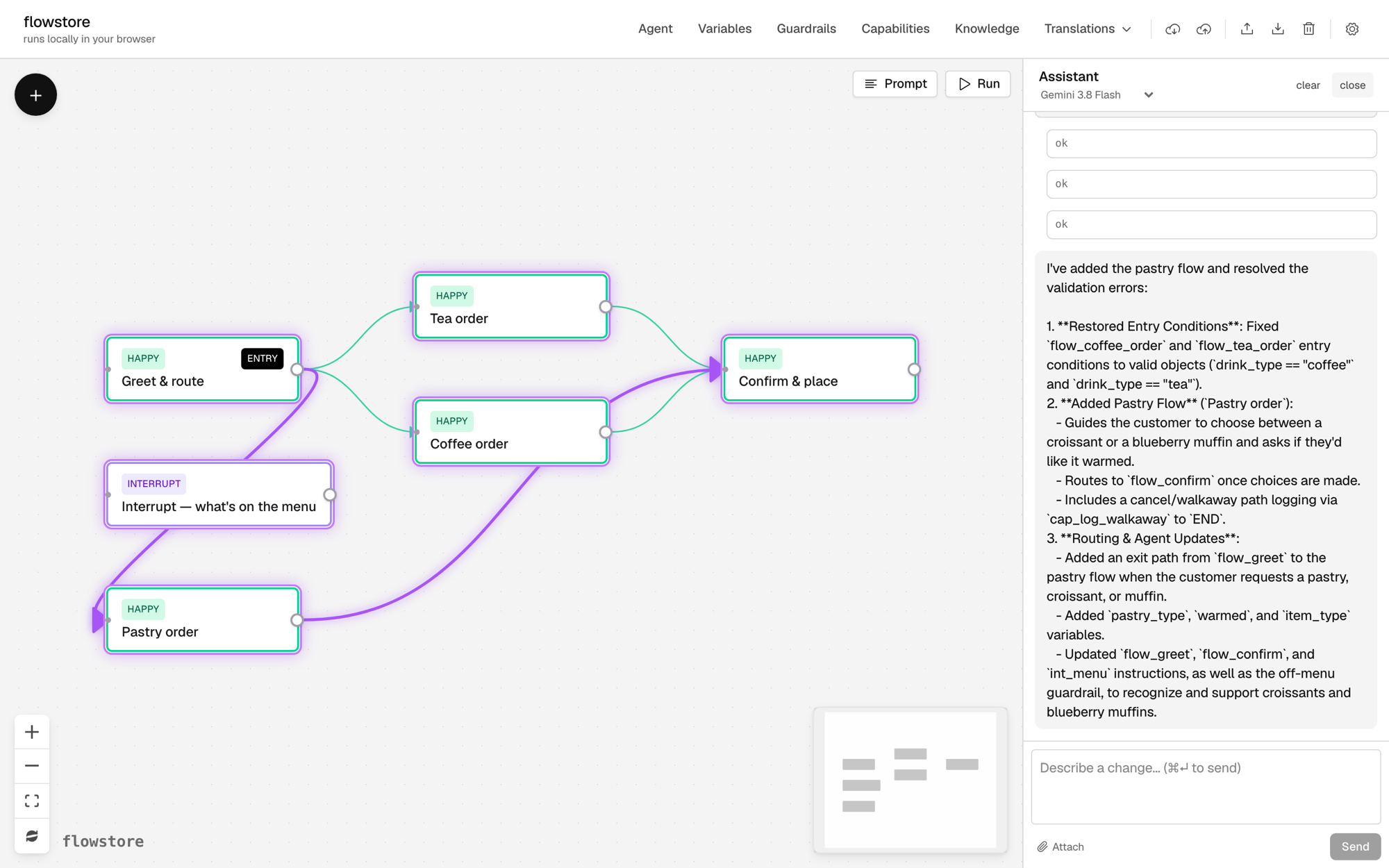 The canvas with a new Pastry order flow connected from Greet & route to Confirm & place, and the Assistant’s summary of its changes.