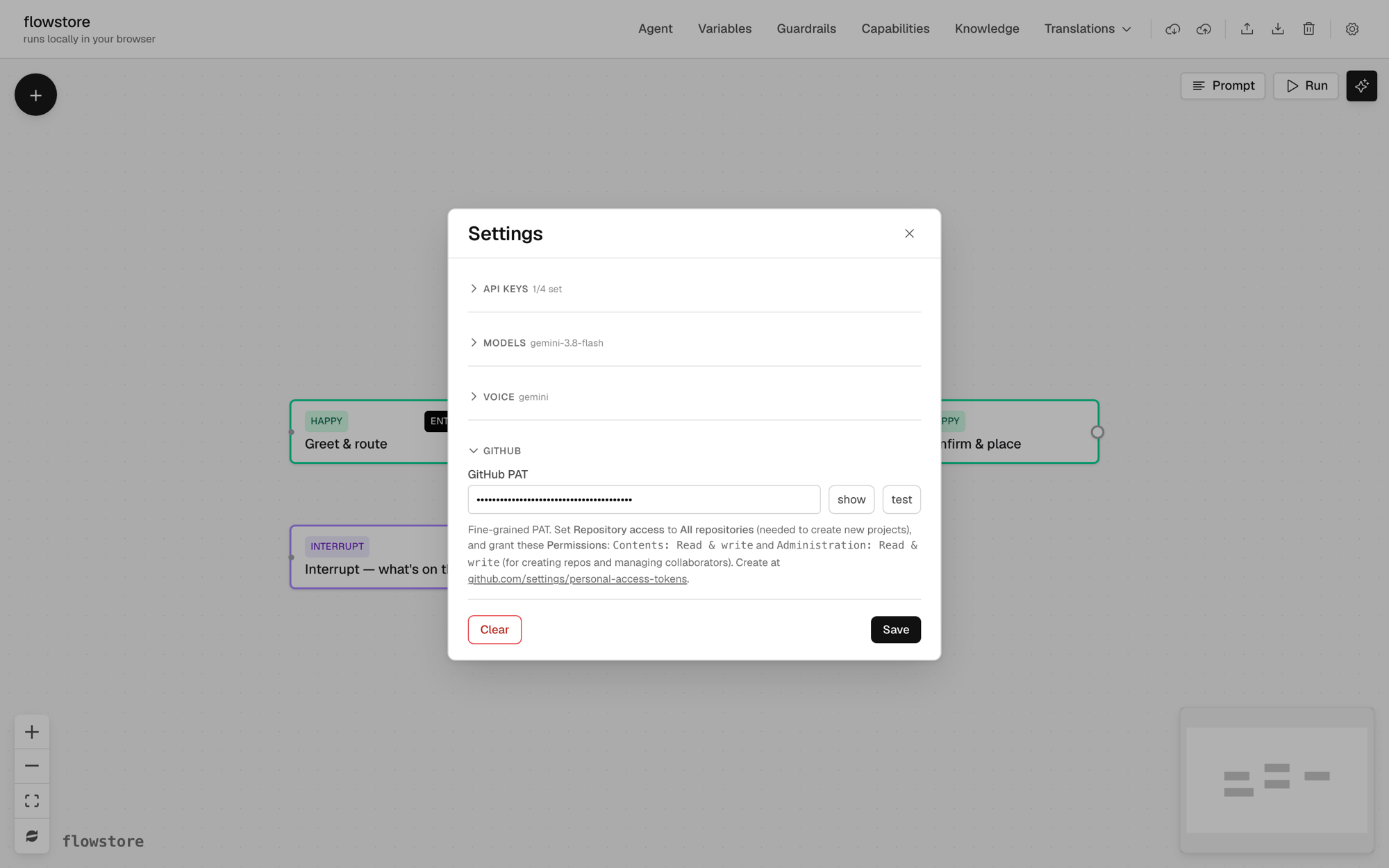 The GitHub section of Settings with a masked token and the permissions hint.